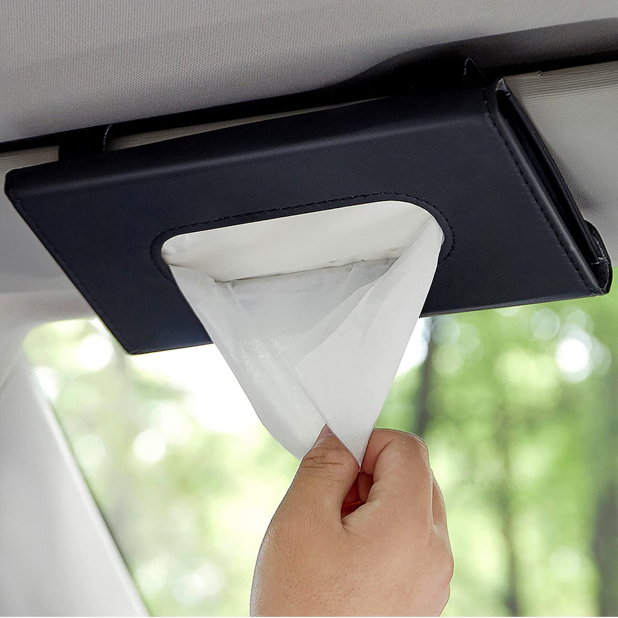 Car Tissue Holder, Upgraded Version Hanging Tissue Holder for Car, Premium PU Leather Car Tissue Holder Visor for Universal Auto, Easy Use (Black)