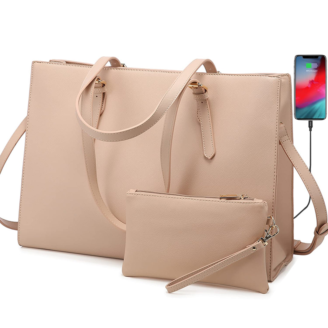 Laptop Bag for Women, Fashion Computer Tote Bag Large Capacity Handbag, Leather Shoulder Bag Purse Set, Professional Business Work Briefcase for Office Lady, 2PCs, 15.6-Inch, Nude Pink