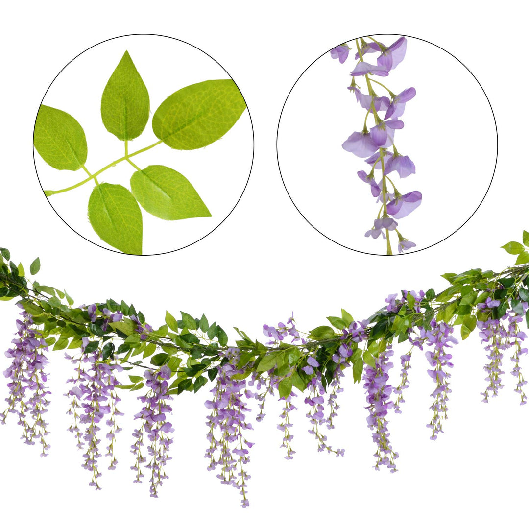 Wisteria Artificial Flowers Garland, 4 Pcs Total 28.8ft Artificial Wisteria Vine Silk Hanging Flower for Home Garden Outdoor Ceremony Wedding Arch Floral Decor (Light Purple)