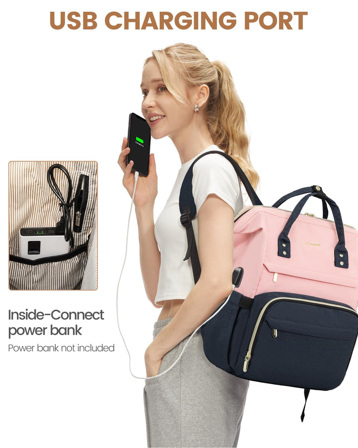 Laptop Backpack for Women Fashion Business Computer Backpacks Travel Bags Purse Doctor Nurse Work Backpack with USB Port, Fits 17-Inch Laptop Pink Navy