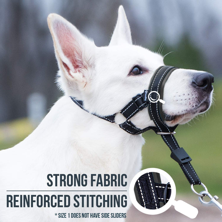 Dog Head Halter with Safety Strap - Stops Heavy Pulling On The Leash - Padded Headcollar for Small Medium and Large Dog Sizes - Head Collar Training Guide Included (Size 1, Black)
