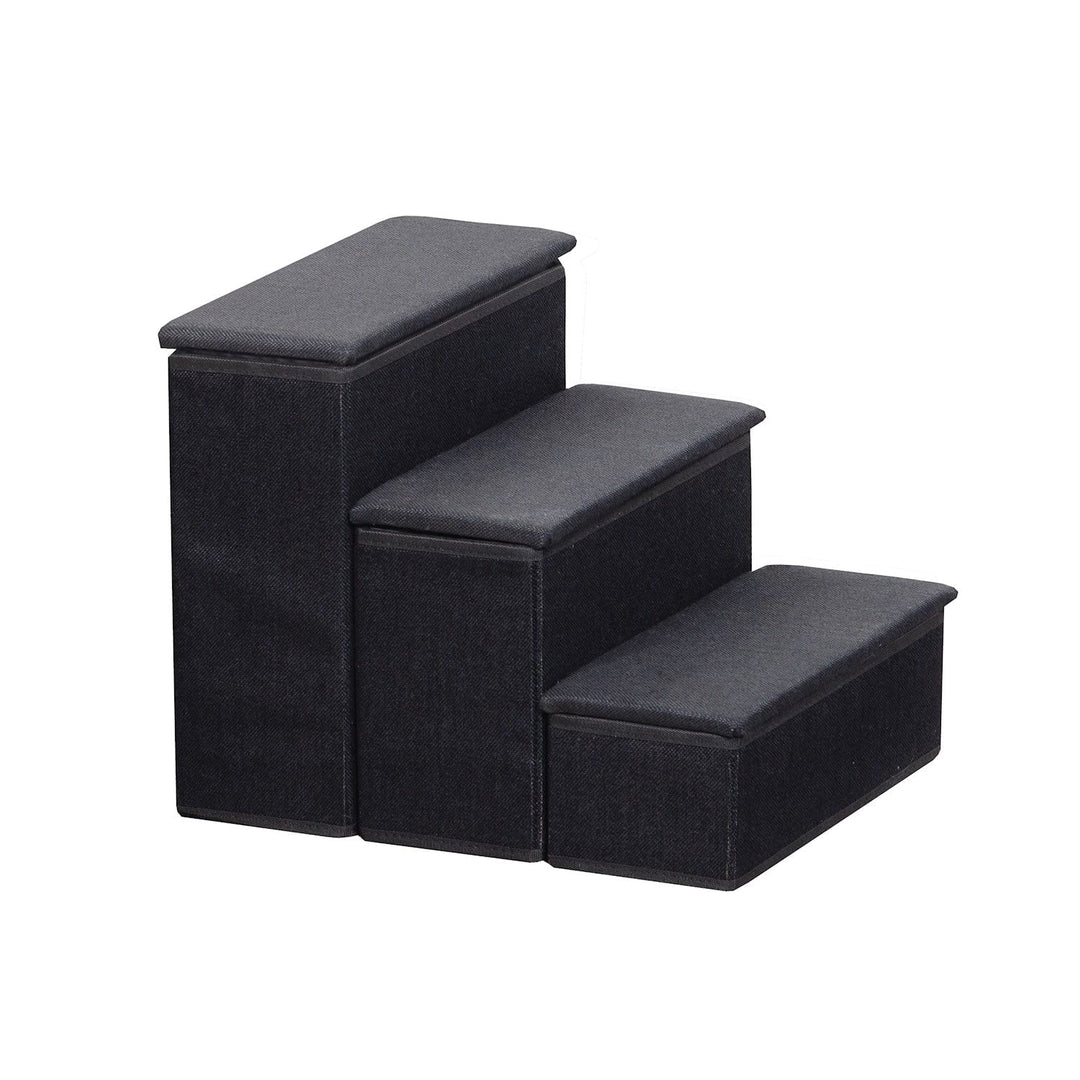 3-Step Pet Steps with Storage Fold Away Pet Stairs for Dogs Cats Fabric Upholstered Padded Tops - Black