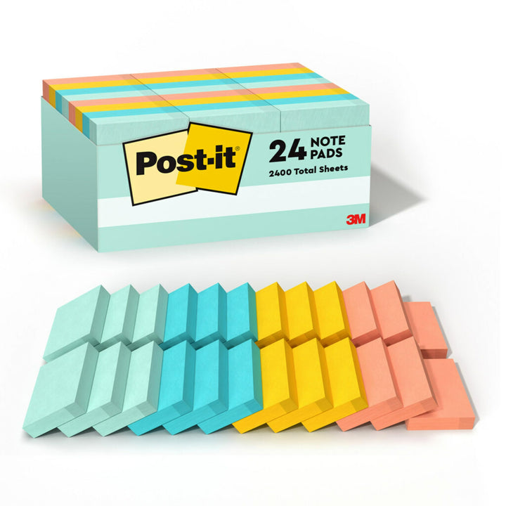Notes, 1 3/8 in x 1 7/8 in, 24 Pads, America's #1 Favorite Sticky Notes, Beachside Café Collection, Pastel Colors, Clean Removal, Recyclable (654-14AU)
