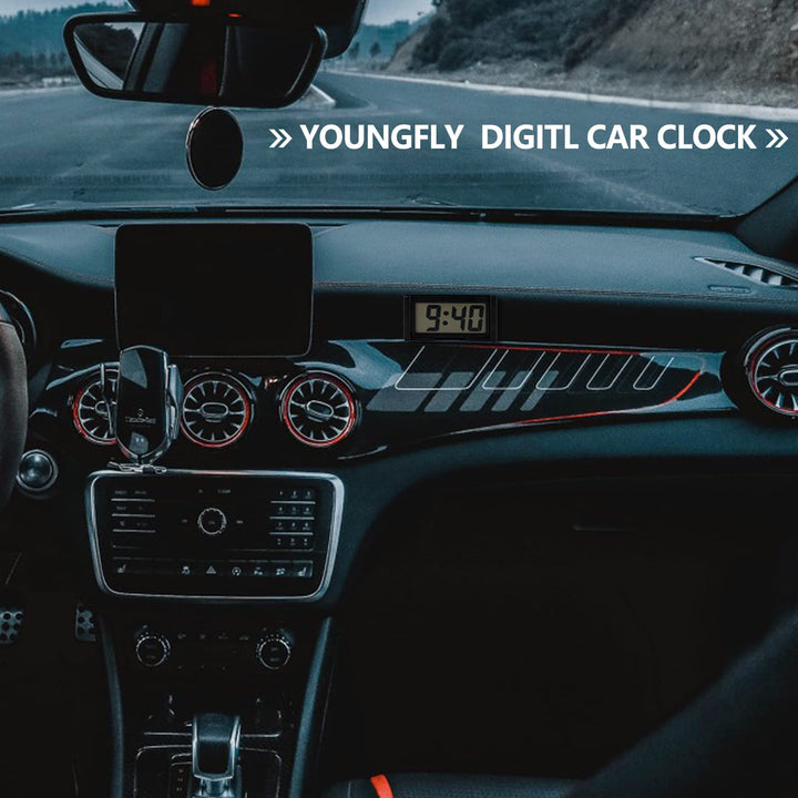 Youngfly Small Digital Clock, Mini Car Dashboard Clock Battery Operated, Car Truck Dashboard Time Self-Adhesive Bracket Vehicle Automotive Dash Stick on Air Vent Travel Folder Clock (Black)