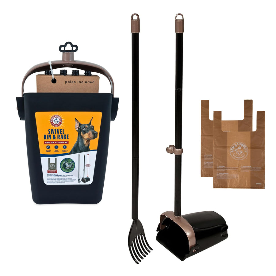 Dog Pooper Scooper Swivel Bin & Rake, Poop Scoop for Dogs, Black (2 Heavy Duty Scented Waste Bags Included)