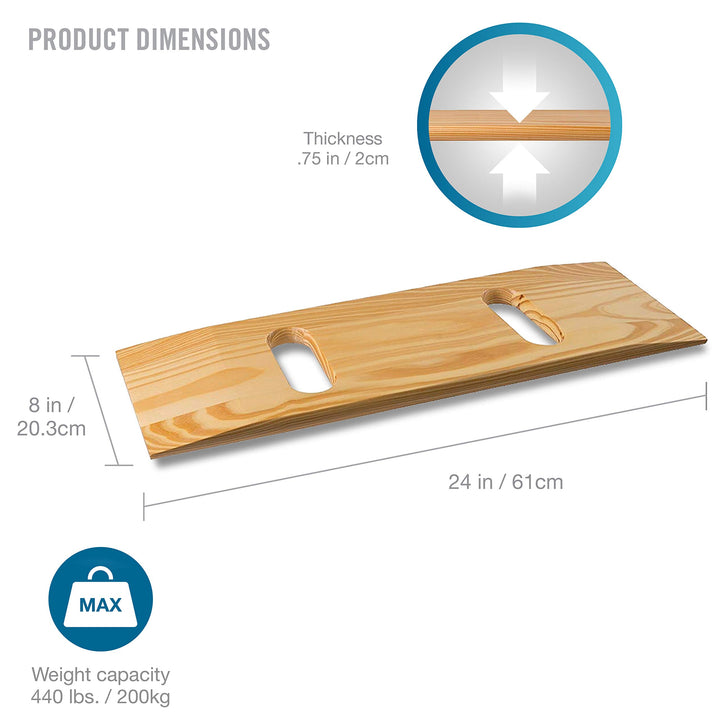 Transfer Board Made of Heavy-Duty Wood for Patient, Senior and Handicap Move Assist and Slide Transfers, FSA and HSA Eligible, Holds up to 440 Pounds, 2 Cut out Handle, 24 x 8 x 1