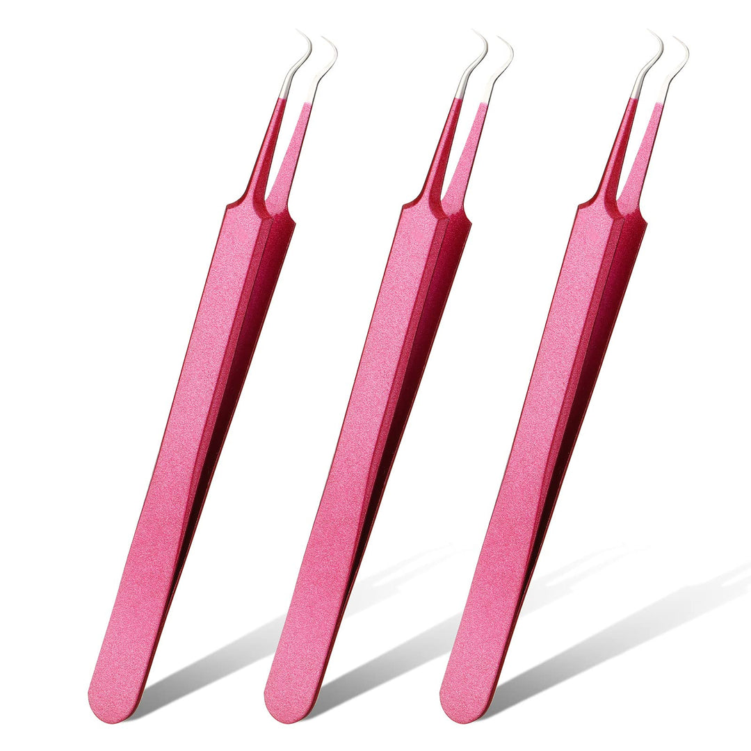 3 Pieces Blackhead Tweezers Acne Blemish Stainless Steel Blemish Extractor Tool for Remove Blackhead Acne Whitehead Pimple Bend Curved Tweezer Skin Blackhead Remover Tools (Rose Red)