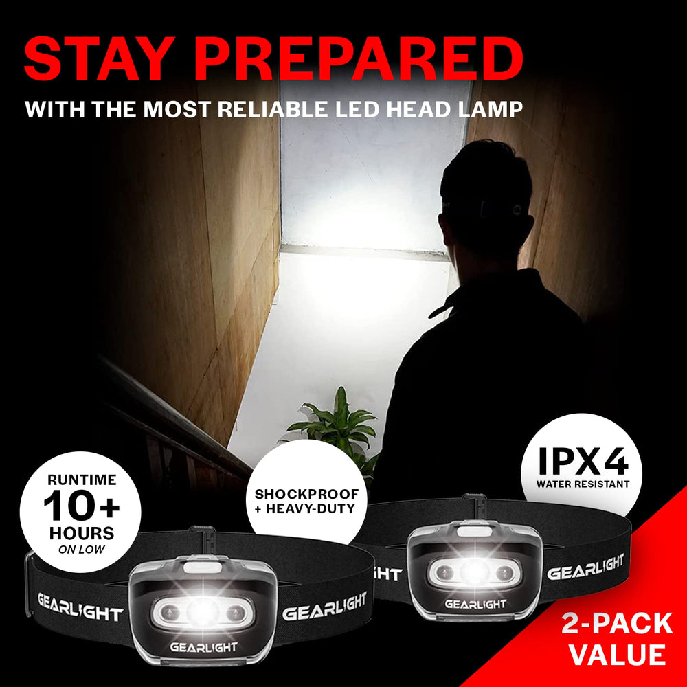 2Pack LED Headlamp - Outdoor Camping Head Lamps with Adjustable Headband - Lightweight Battery Powered Bright Flashlight Headlight with 7 Modes and Pivotable Head and Red Light
