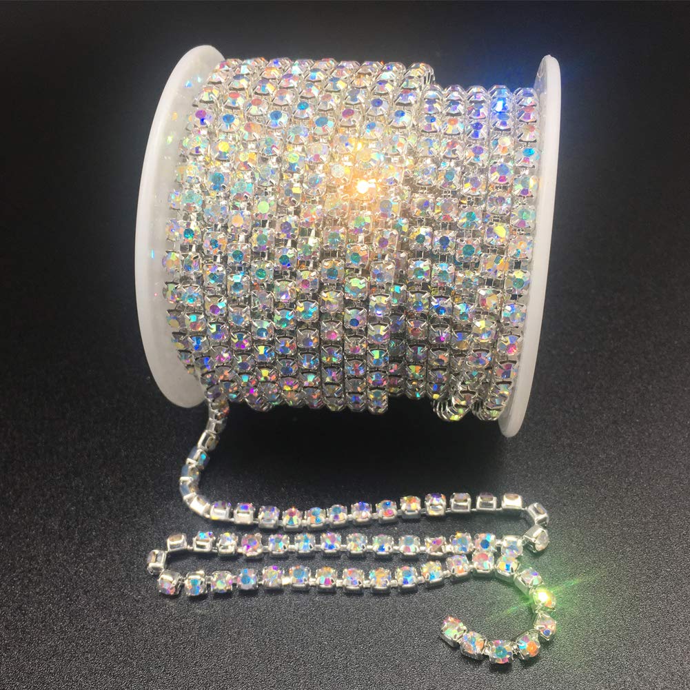 1 Roll 10 Yards Rhinestone Chain, Crystal Rhinestones Close Chain, Sew on Crystal Rhinstone Chain Trim, Crystal Claw Cup Chain Roll (Crystal AB, SS16 4MM)