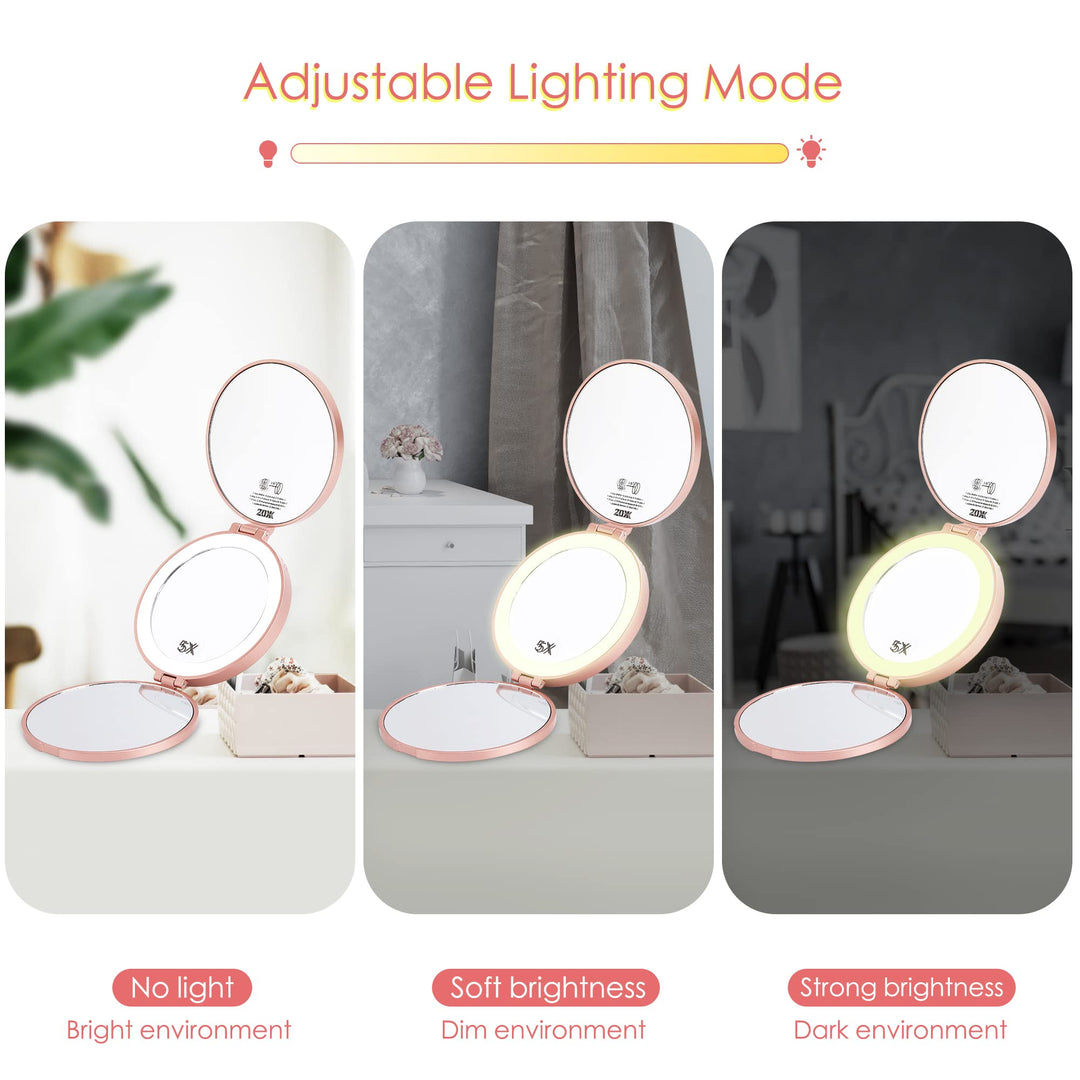 Magnifying Mirror with Light, Hand Mirror Travel Makeup Mirror with 3 Side 20X 5X 1X Magnification, Travel Magnifying Mirror for Pocket