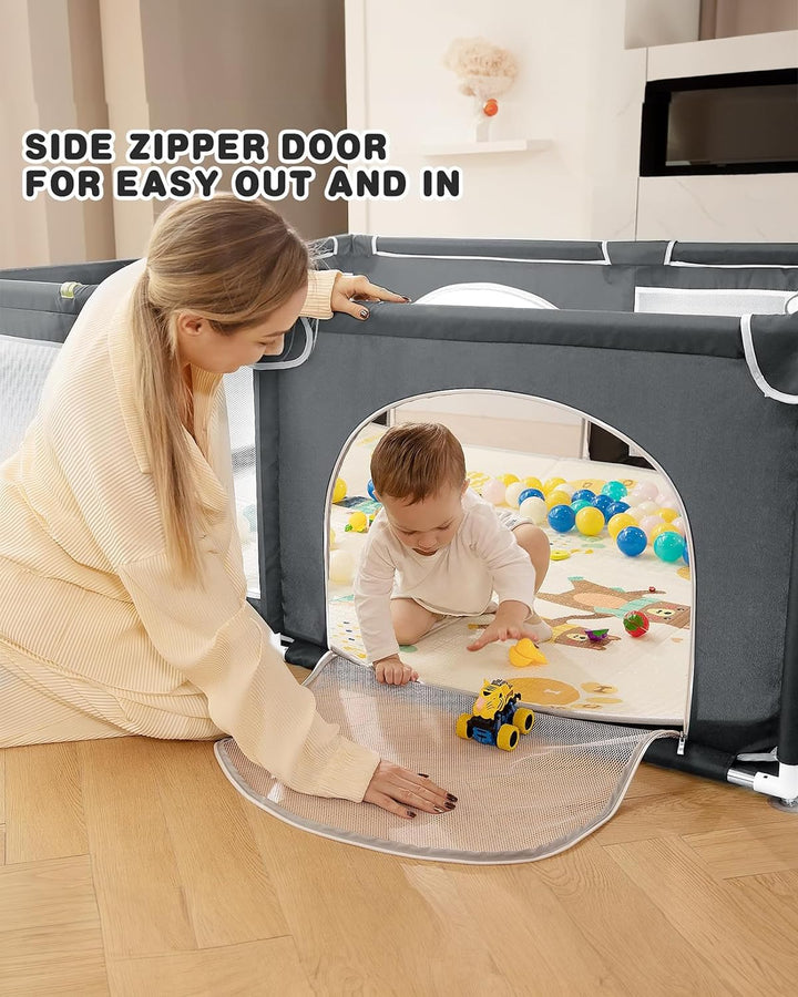 Baby Playpen,71x59 Extra Large Baby Playard, Playpen for Babies with Gate, 0-6 to 12 Months Baby Activity Center, Sturdy Safety Playpen with Soft Mesh,Playpen for Toddlers(Gray)