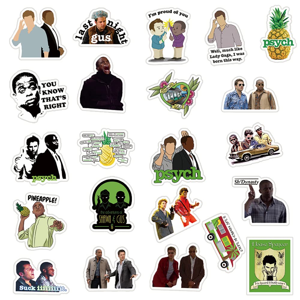 50Pcs Psych Merchandise Stickers Pack, TV Show Stickers Vinyl Waterproof Stickers for Water Bottles,Laptop,Skateboard,Phone,Bumper,Car Decals for Adults Teens Kids for Party Decorations…