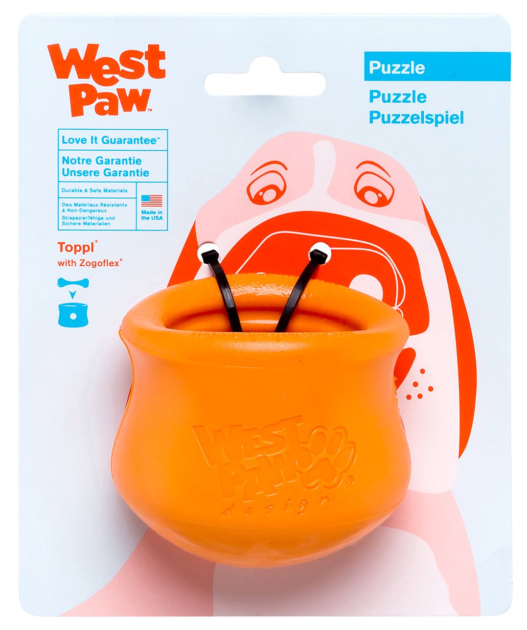 West Paw Zogoflex Toppl Treat Dispensing Dog Toy Puzzle – Interactive Chew Toys for Dogs – Dog Toy for Moderate Chewers, Fetch, Catch – Holds Kibble, Treats, Small 3, Tangerine