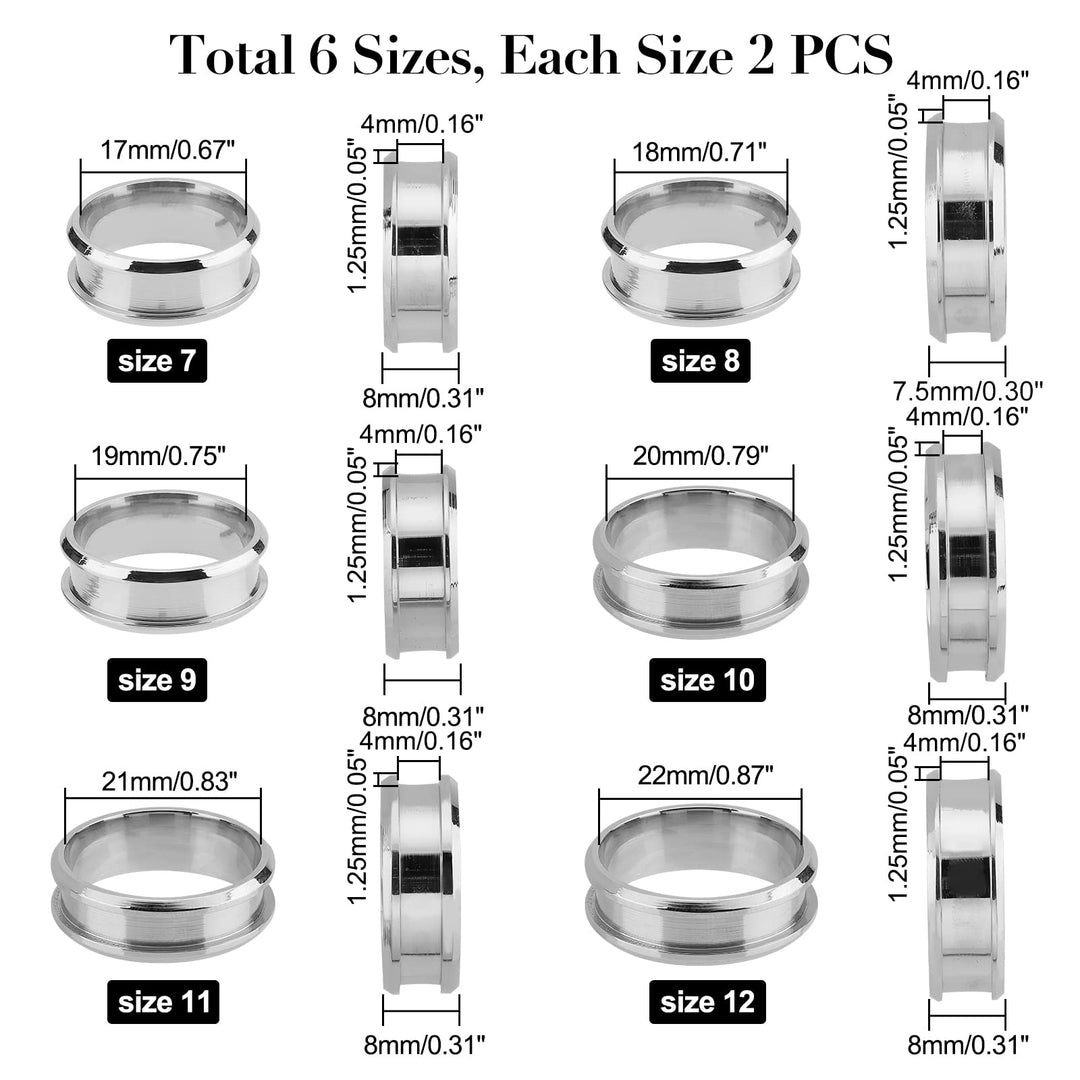 24pcs 6 Sizes Stainless Steel Blank Core Ring Settings 6 Sizes Finger Ring Blanks for Inlay Comfort Grooved Finger Ring Round Empty Ring for Jewelry Making