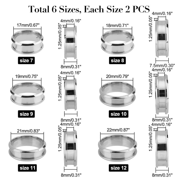 24pcs 6 Sizes Stainless Steel Blank Core Ring Settings 6 Sizes Finger Ring Blanks for Inlay Comfort Grooved Finger Ring Round Empty Ring for Jewelry Making
