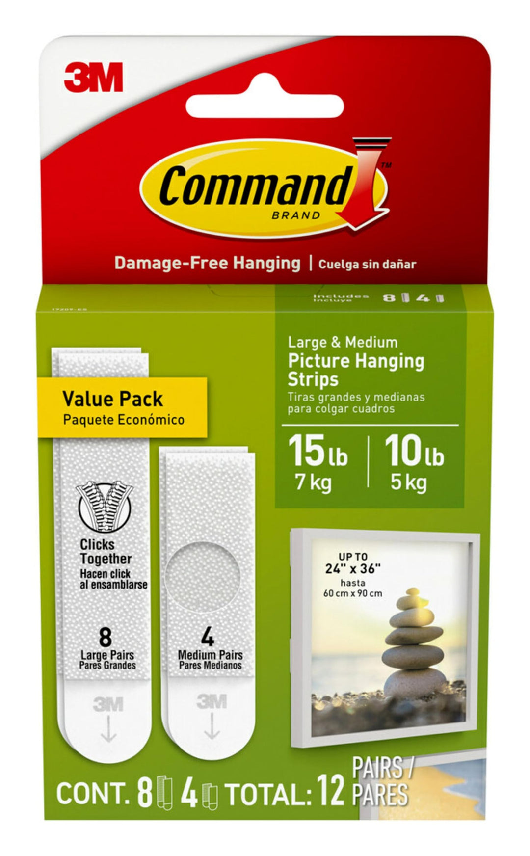 Medium and Large Picture Hanging Strips, Damage Free Hanging Picture Hangers, No Tools Wall Hanging Strips for Living Spaces, White, 4 Medium Pairs and 8 Large Pairs