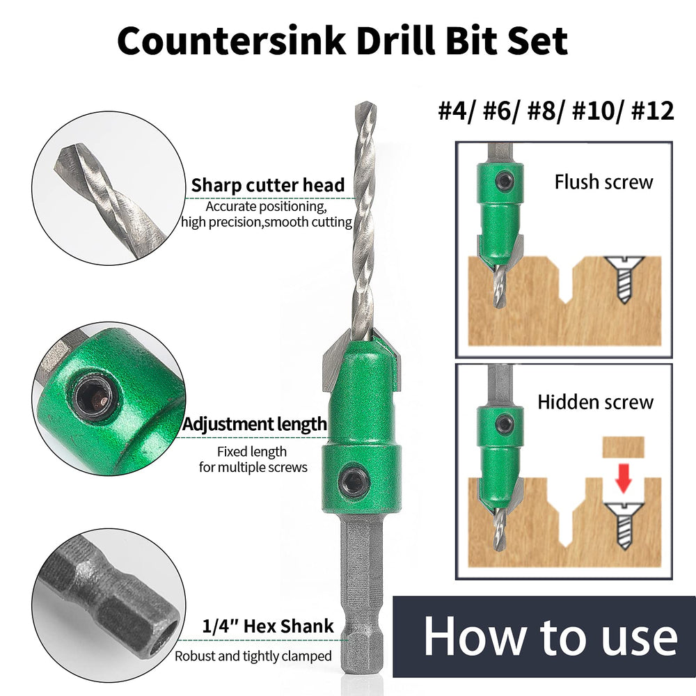 Pro Countersink Drill Bit Set #4, 6, 8, 10, 12, 5-Piece for Wood,High Speed Steel Woodworking Carpentry Reamer with 1 Free Hex Key Wrench