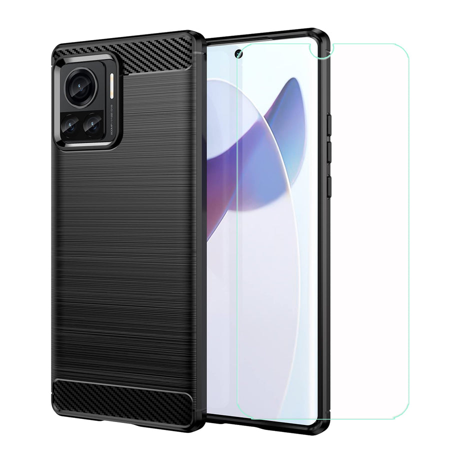FZYM Case for Motorola Edge 30 Ultra + Screen Protector Tempered Glass Protective Film ,Black Carbon Fiber Shell Soft Silicone TPU Case Cover for Motorola Edge 30 Ultra (6.67)