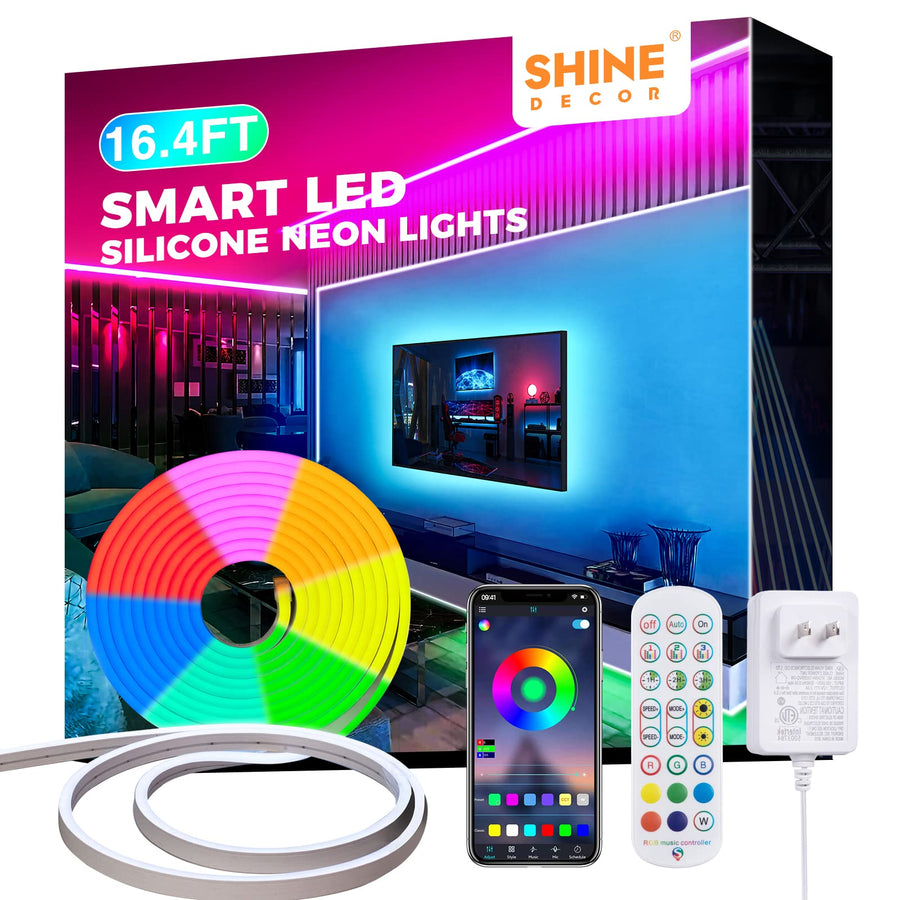 12V Smart Neon LED Neon Strip Lights RGB, Music Sync 16.4FT Flexible Silicone Neon Rope Lighting APP Bluetooth Control, Dimmable Custom Cuttable IP65 Waterproof for Indoor Outdoor