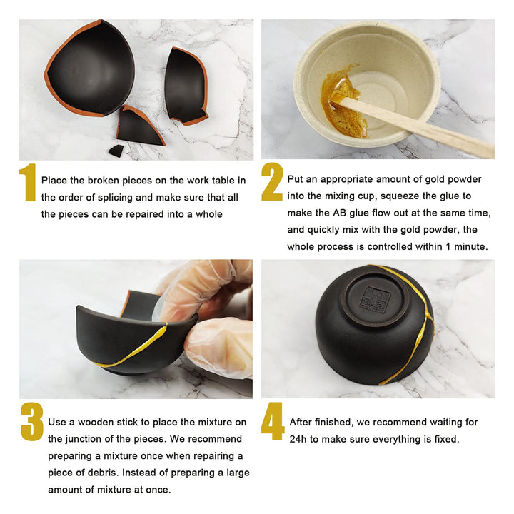 Kintsugi Repair Kit, Repair Your Meaningful Pottery with Kintsugi Gold Glue - Kintsugi Kit Comes with Two Practice Ceramic Cups for Starter Practice
