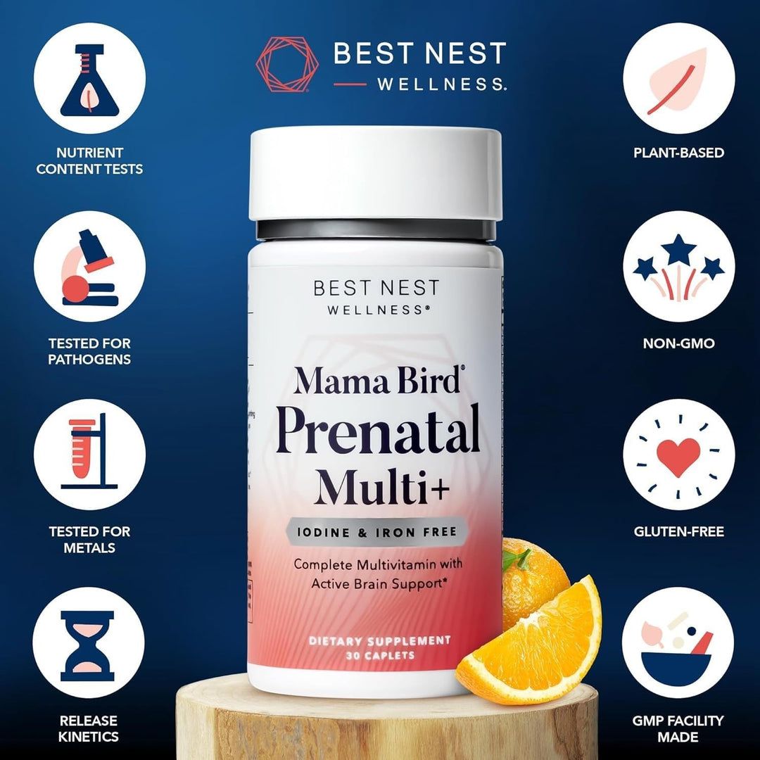 Mama Bird Prenatal Multi Plus Iodine & Iron Free - Prenatal Vitamin for Brain & Digestive Health - Vegan Multivitamin with Methylfolate, Probiotics & More - 30 Caplets