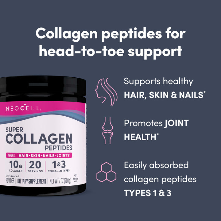 Super Collagen Peptides, 10g Collagen Peptides per Serving, Gluten Free, Keto Friendly, Non-GMO, Grass Fed, Healthy Hair, Skin, Nails and Joints, Unflavored Powder, 7 oz., 1 Canister