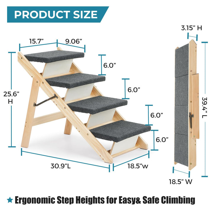 Wooden Dog Stairs/Steps - Foldable 4 Levels Pet Stairs & Ramp Perfect for Beds and Cars - Portable Dog/Cat Ladder Up to 110 Pounds