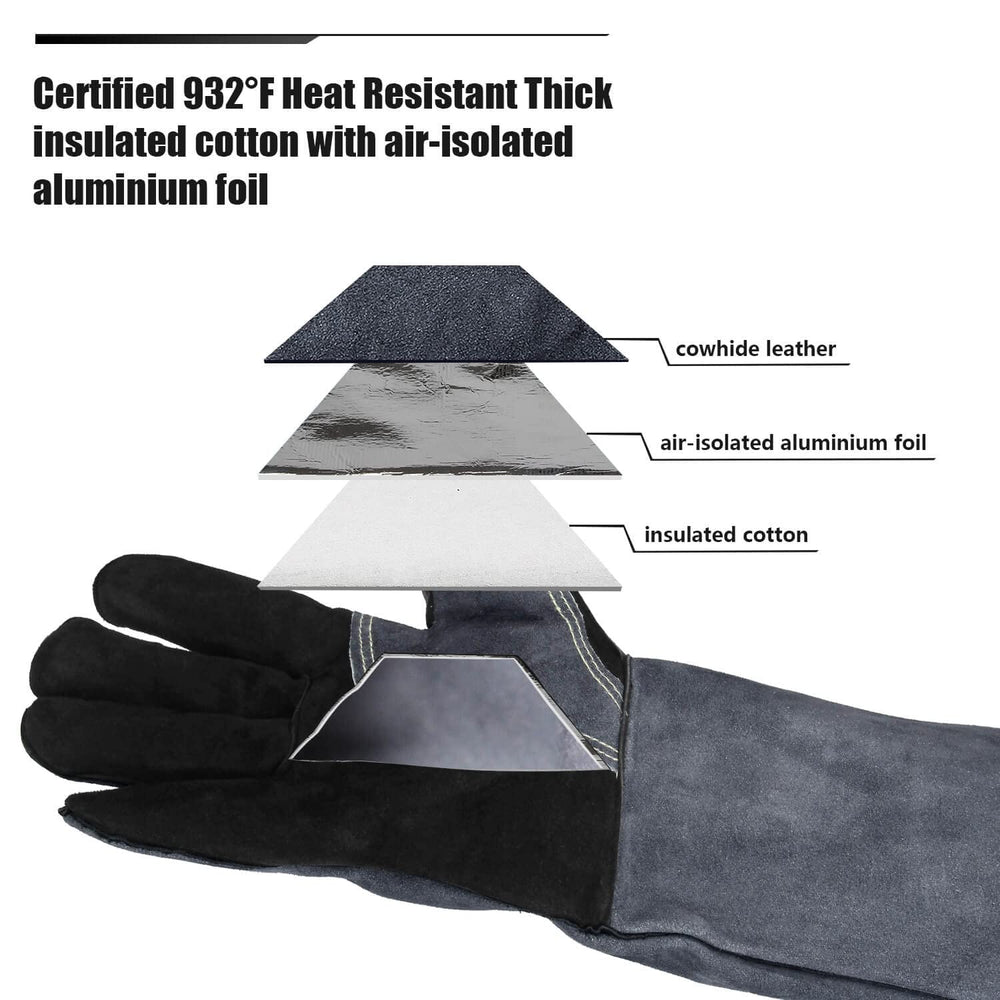 932 Grill BBQ Gloves 16-inch Heat Resistant Leather Forge Welding Glove with Flame Retardant Long Sleeve and Insulated Lining for Men and Women Black-Gray