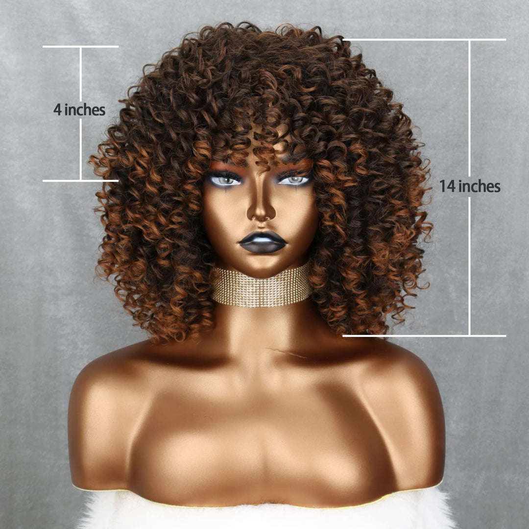 Omber Brown Kinky Curly Wig for Black Women, Short Curly Afro Wigs with Bangs, Synthetic African American Full Hair Wig 14 inch