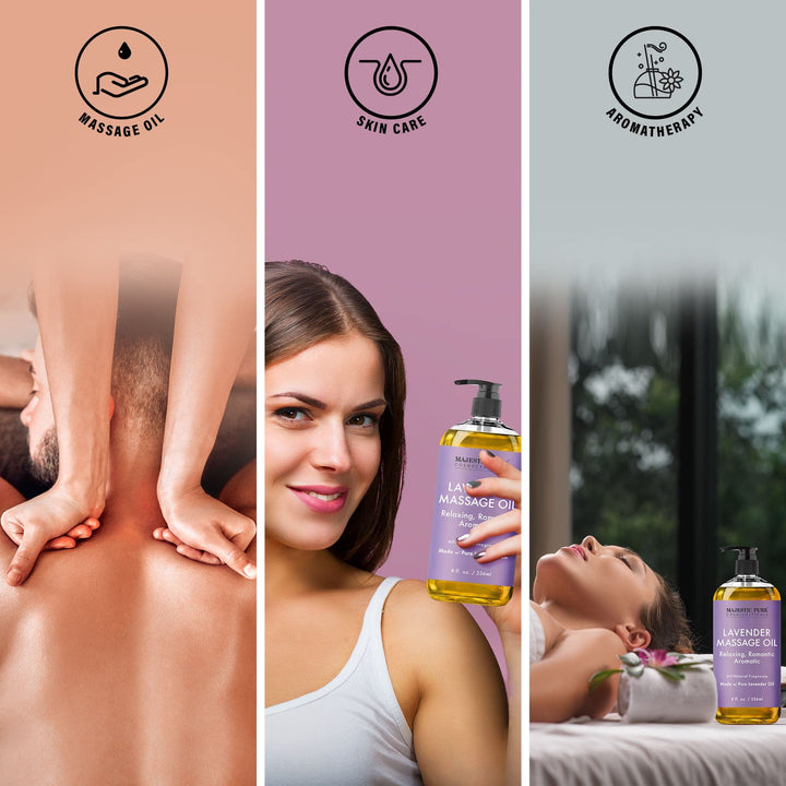 Lavender Massage Oil - Hydrating, Calming, Warming, Relaxing & Rejuvenating Body Oil - Premium Grade, Made with Natural Oils - Skin Care for Men and Women - Made in USA - 8 fl oz