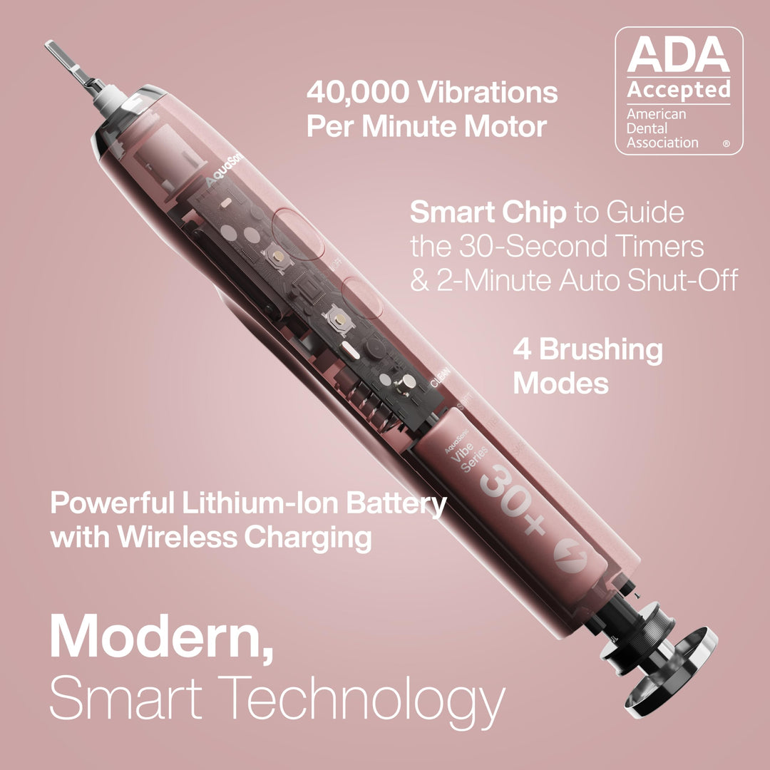 Vibe Series Ultra-Whitening Toothbrush – ADA Accepted Electric Toothbrush - 8 Brush Heads & Travel Case – 40,000 VPM Motor & Wireless Charging - 4 Modes w Smart Timer – Satin Rose Gold