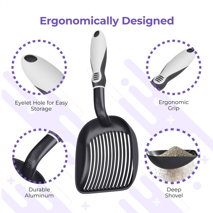 Cat Litter Scoop Metal w/ Deep Shovel, Black - Non Stick Plated Aluminum Cat Litter Scooper with Holder - Litter Box Scooper - Metal Cat Litter Scoop - Patented Sifter w/ Holder - Solid Handle