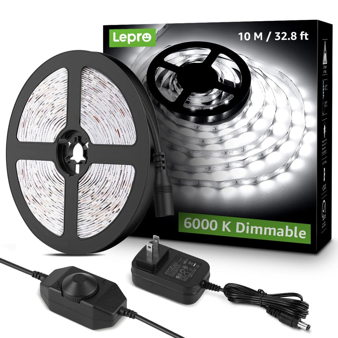 LED Strip Light, 32.8Ft Dimmable Vanity Lights, 6000K Super Bright LED Tape Lights, 420 LEDs SMD 2835, Strong 3M Adhesive, Suitable for Home, Kitchen, Under Cabinet, Bedroom, Daylight White