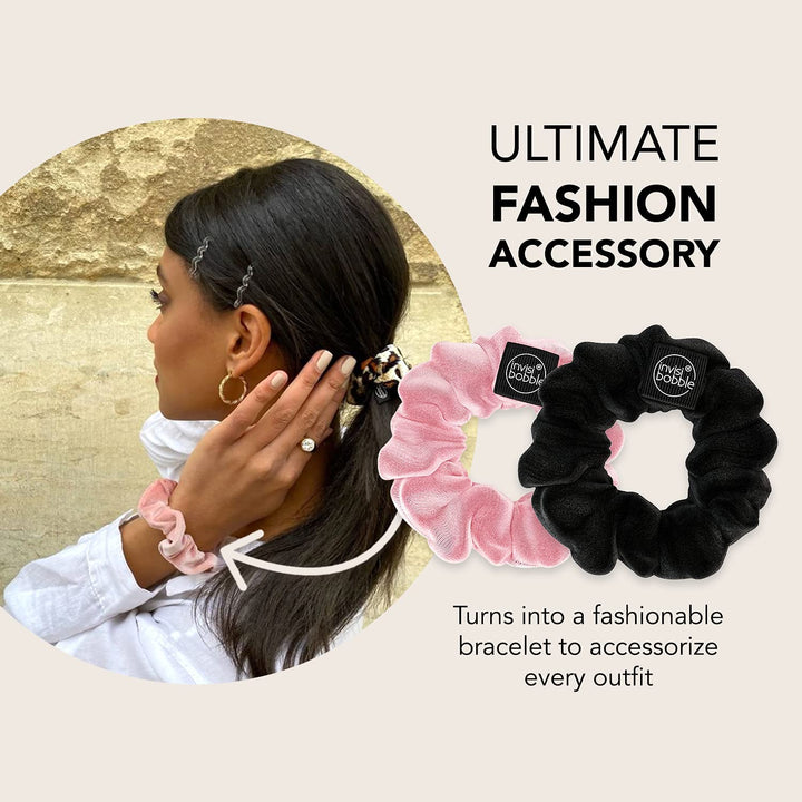 Sprunchie Spiral Hair Ring - True Black and Prima Ballerina- 2 Pack- Scrunchie Stylish Bracelet, Strong Elastic Grip Coil Accessories for Women - Gentle for Girls Teens and Thick Hair