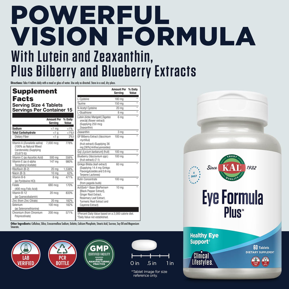 Eye Formula Plus, Eye Care and Vision Supplements for Adults, with Eye Vitamins Lutein and Zeaxanthin, Plus Bilberry Extract, Goji and Blueberry Extract, 60-Day Guarantee, 15 Servings, 60 Tablets