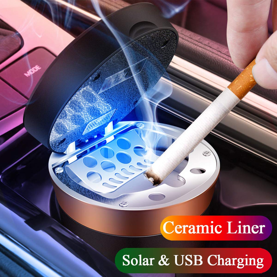 Car Ashtray Detachable Ceramics with Lid Led Light and Removable Lighter Solar Energy and USB Dual Charging for Most Car Cup Holder(1. Black with Lighter)