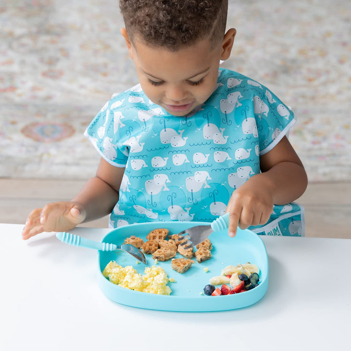 Bibs, Baby and Toddler, Big Kids Girl and Boy, Large for Children 1-3 Years, Short Sleeve, Mess Saving, Smock for Eating and Playtime, Lightweight Waterproof Soft Fabric, Whales Away