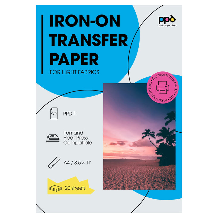 Inkjet Premium Iron-On White and Light Colored T Shirt Transfers Paper LTR 8.5x11” Pack of 20 Sheets (001-20)