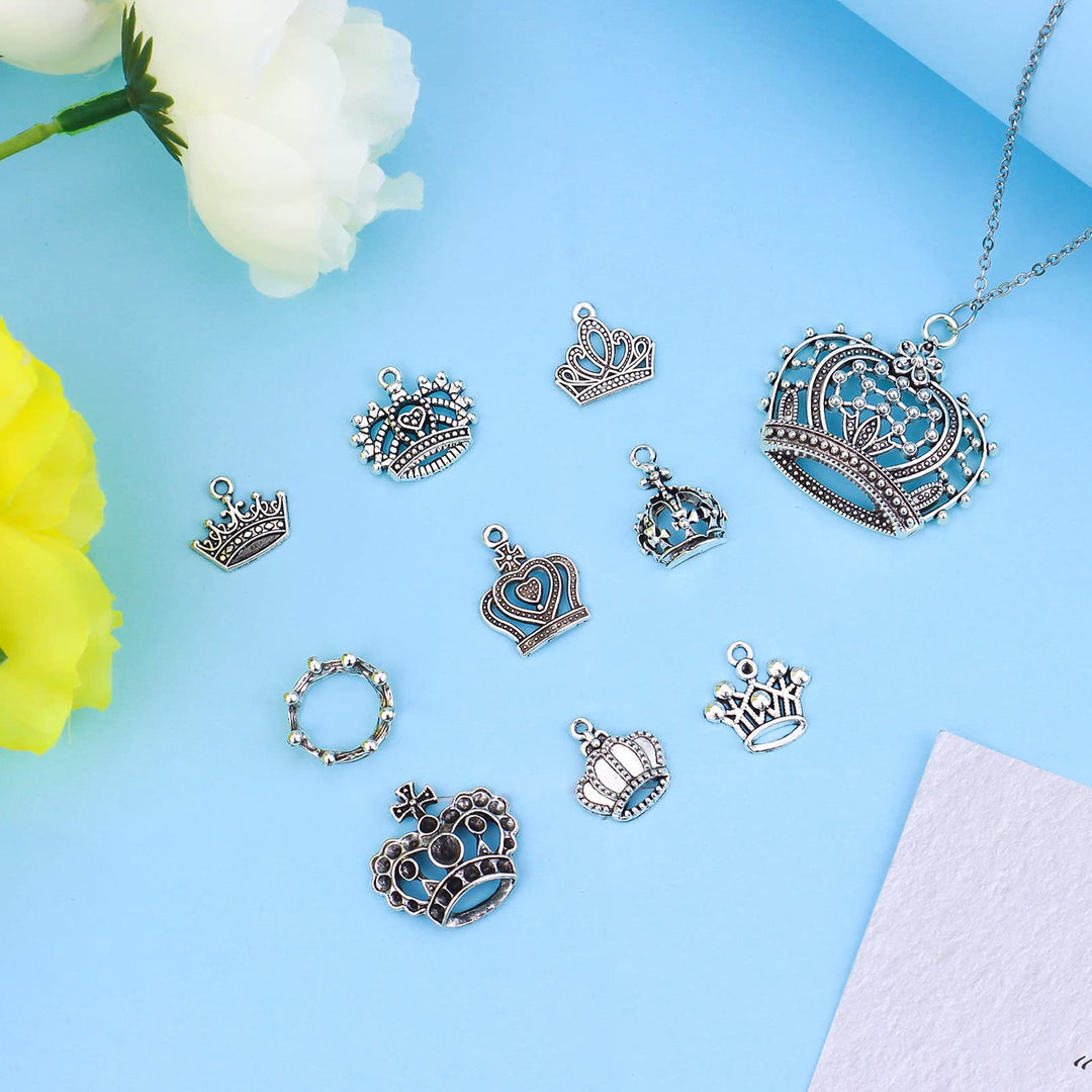 Crown Charms Pendants Beads, Vintage Silver Multistyle Crown Charm Pendant Connector for DIY Jewelry Making Accessaries Craft Supplies Bulk Lots, 25 Pcs