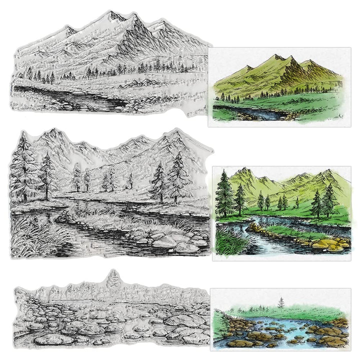 3 PCS Natural Scenery Clear Stamps for Card Making and Photo Album Decorations, Mountain River Background Transparent Rubber Stamps Seal for DIY Scrapbooking