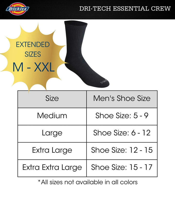 Men's Dri-Tech Essential Moisture Control Crew Socks, Available in M-XXL (6, 12, Solid Black (6 Pairs), Large