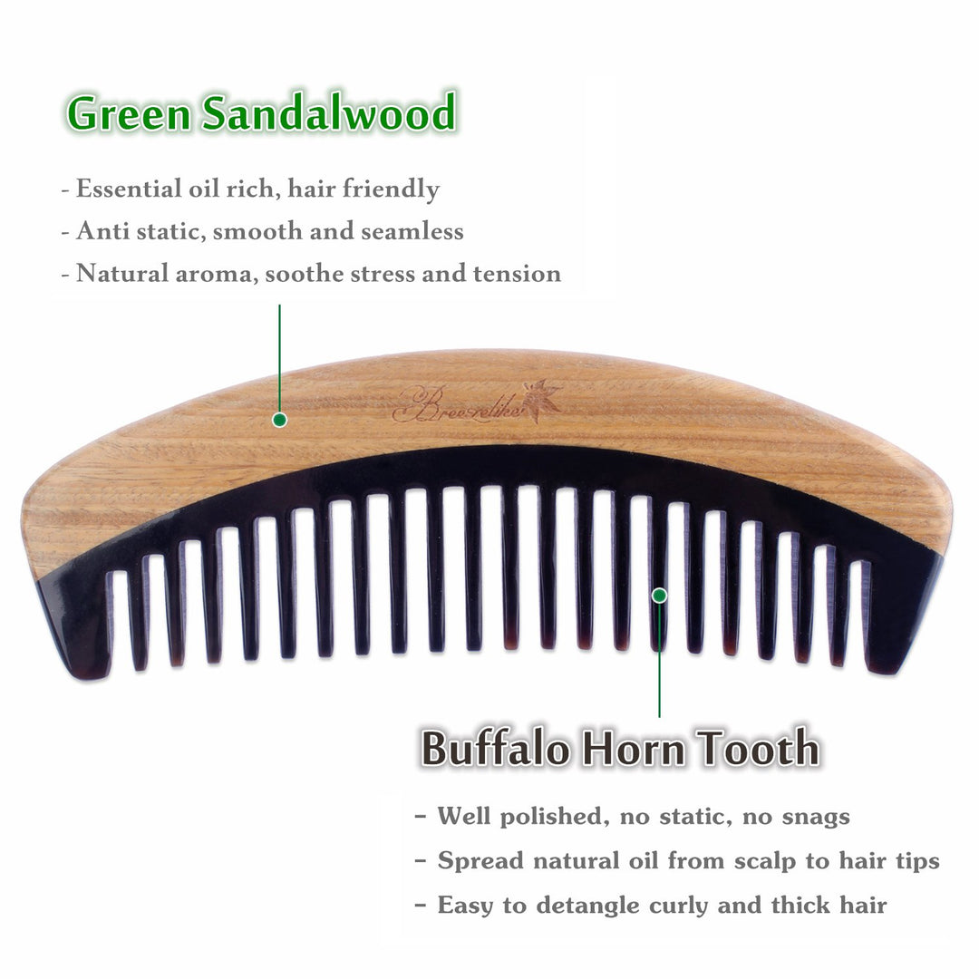 Hair Comb - Wide Tooth Wooden Detangling Comb for Curly Hair - No Static Sandalwood Buffalo Horn Comb for Men and Women