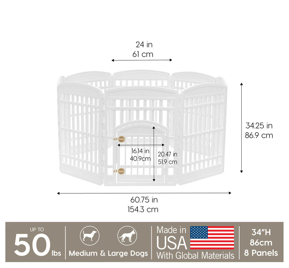 USA 34 8-Panel Pet Dog Puppy Playpen with Door, For Medium and Large Dogs, Keep Pets Secure, Easy Assemble, Fold It Down, Easy Storing, Customizable, White
