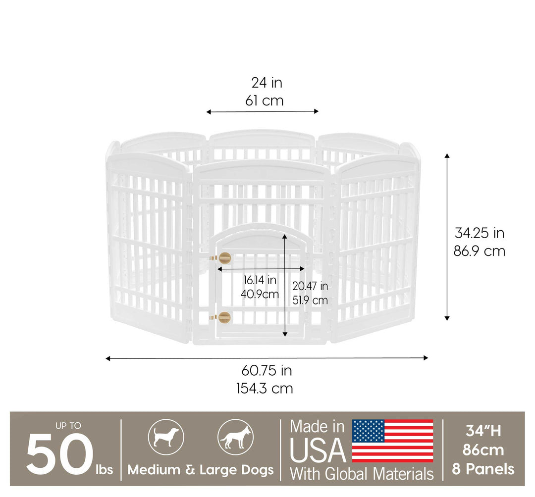 USA 34 8-Panel Pet Dog Puppy Playpen with Door, For Medium and Large Dogs, Keep Pets Secure, Easy Assemble, Fold It Down, Easy Storing, Customizable, White