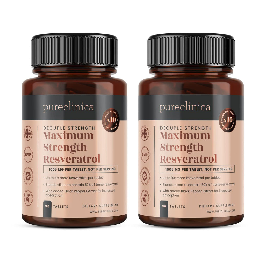 1000mg Resveratrol x 180 tablets (2 bottles of 90 tablets each - 6 months supply). 10 x strength and with black pepper extract for faster absorption. SKU: RV3x2