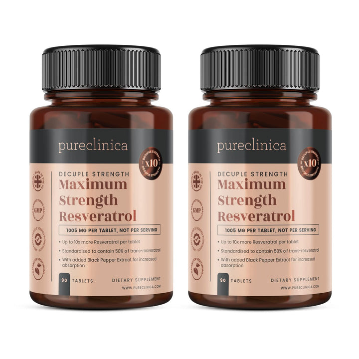 1000mg Resveratrol x 180 tablets (2 bottles of 90 tablets each - 6 months supply). 10 x strength and with black pepper extract for faster absorption. SKU: RV3x2