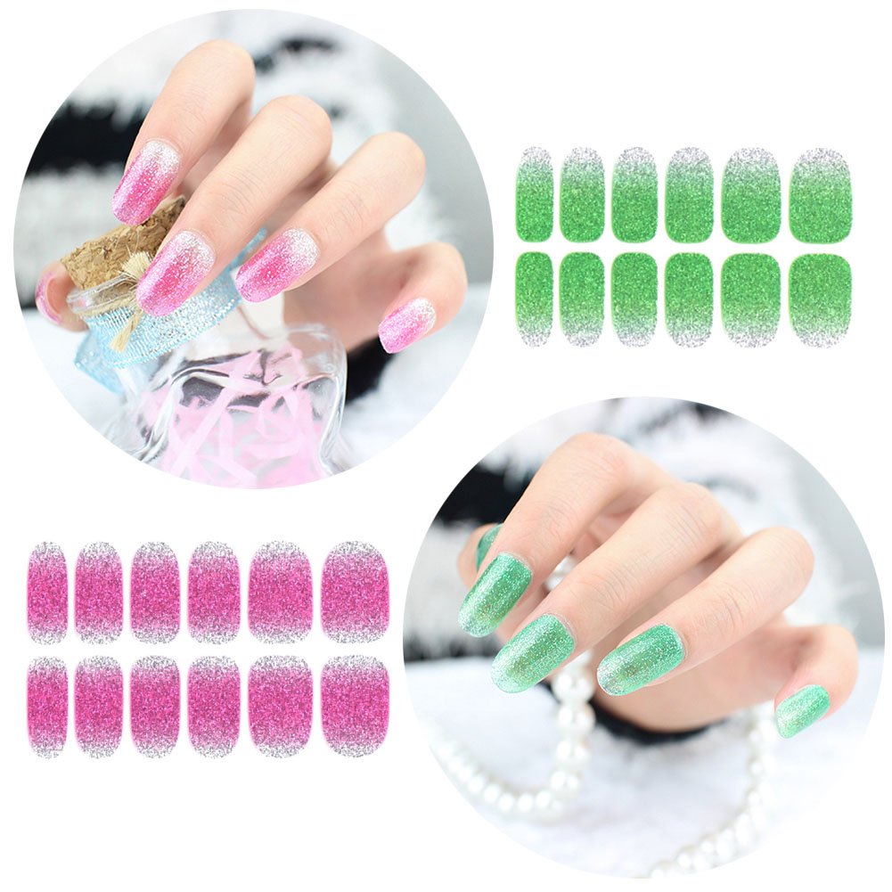 Glitter Adhesive Nail Art Tips Stickers Strips for Women Kids Girls, Fake Nail Design New Year Valentine Gift Gradient Color Dreamy Cocktail Set DIY Manicure Set 72PCS