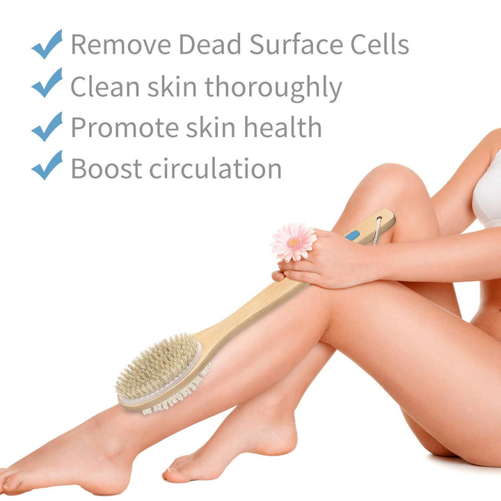 Bath Body Exfoliating Brush,Portable Shower Back Cleaning Scrubber with Long Wooden Handle, Double-Sided Brush Head for Exfoliating Skin and A Soft Scrub