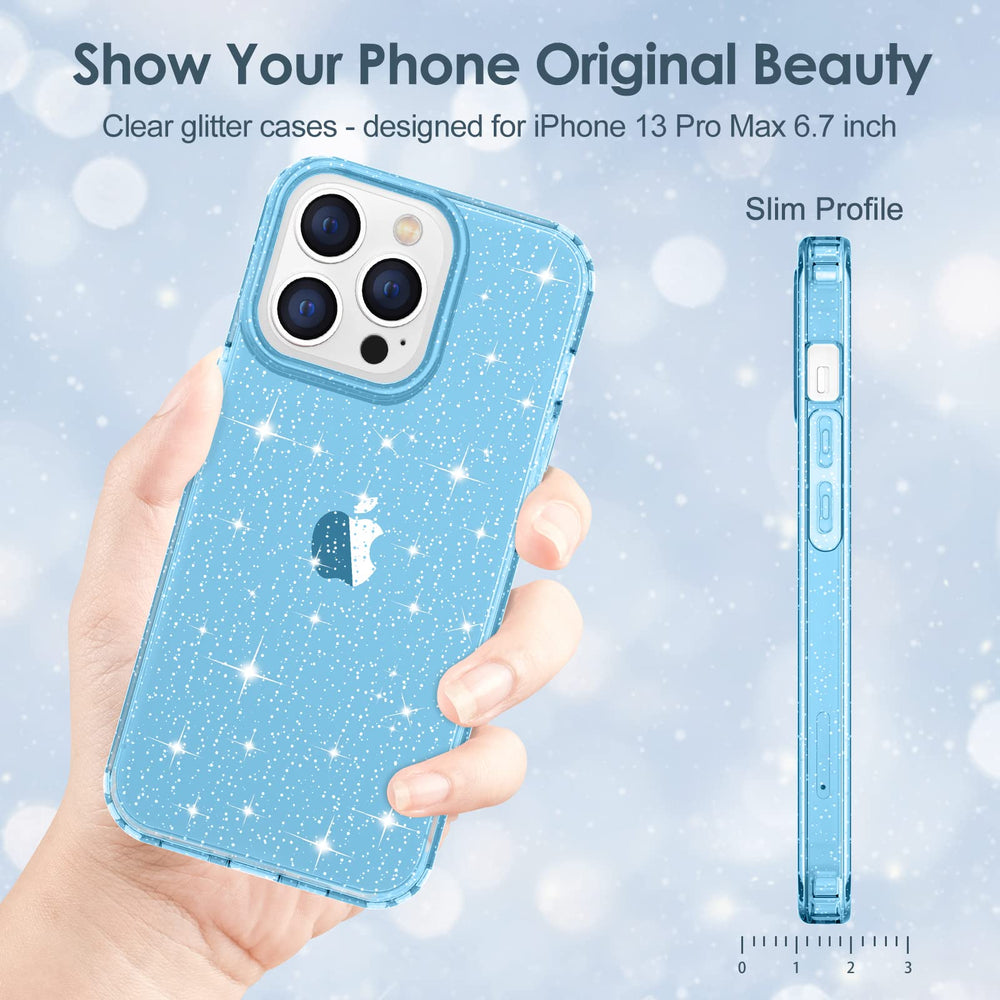 Case for iPhone 13 Pro Max Case Glitter, Cute Sparkly Clear Glitter Shiny Bling Sparkle Cover, Anti-Scratch Hard PC Slim Fit Shockproof Protective Phone Cases for Women Girls, Blue Glitter