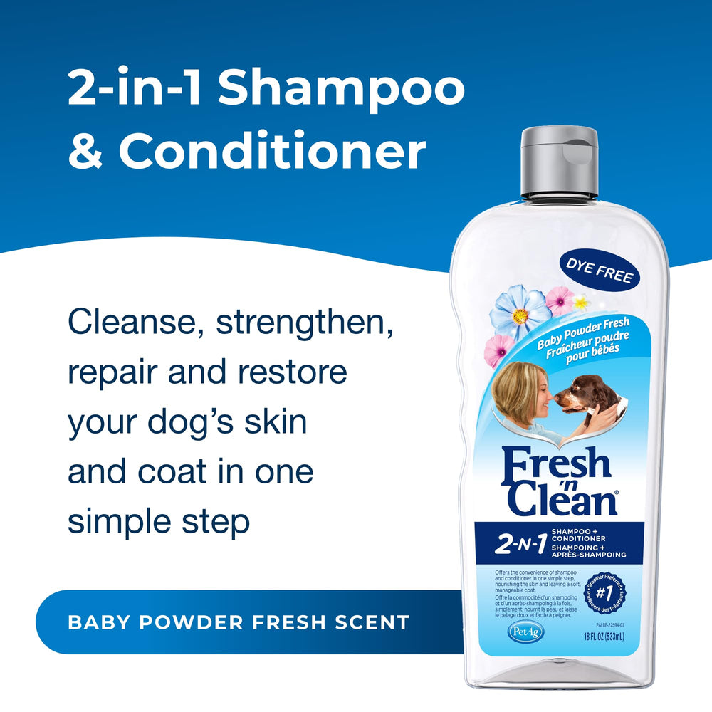 Fresh ’n Clean 2-N-1 Conditioning Shampoo, Baby Powder Scent - 18 oz - Moisturizes with Vitamin E & Aloe Vera - Strengthens & Repairs Coats - Soap Free